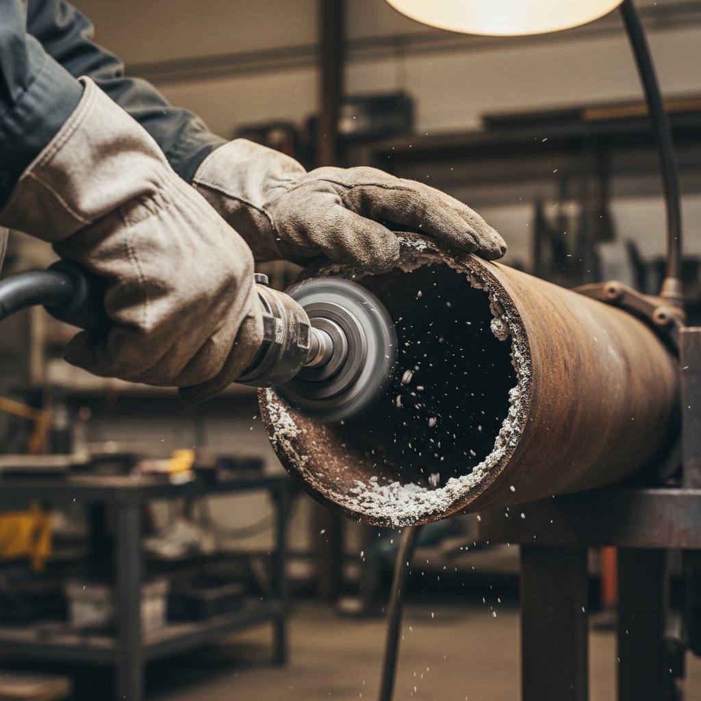 Rotary tool removing mineral scale buildup from pipe interior in Florida