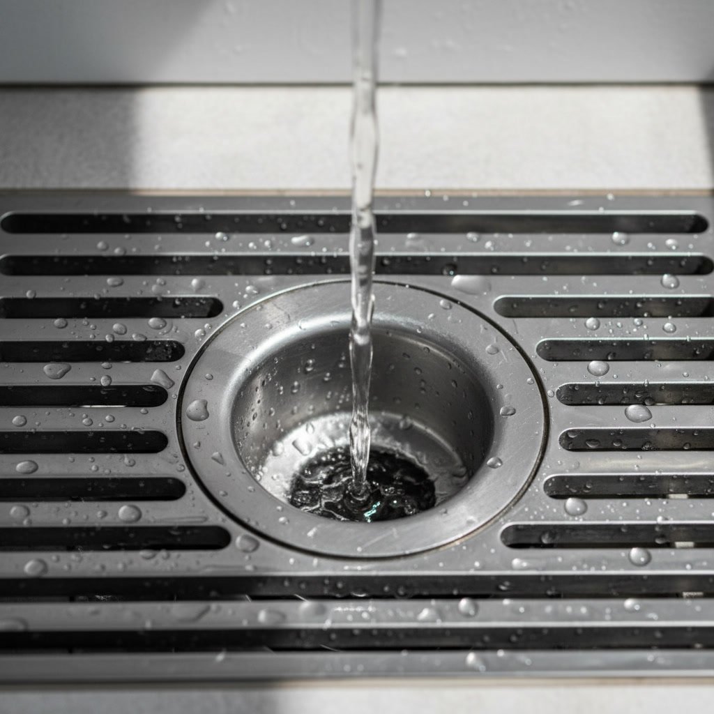 Clear water flowing into clean residential drain grate in Shadow Lakes Dr. FL home