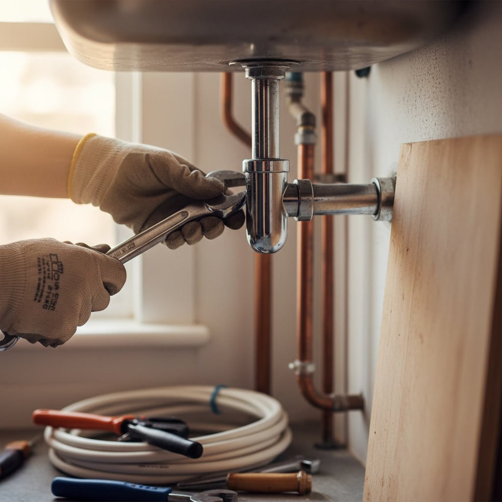 Plumber hands installing drain pipe fitting in Florida home