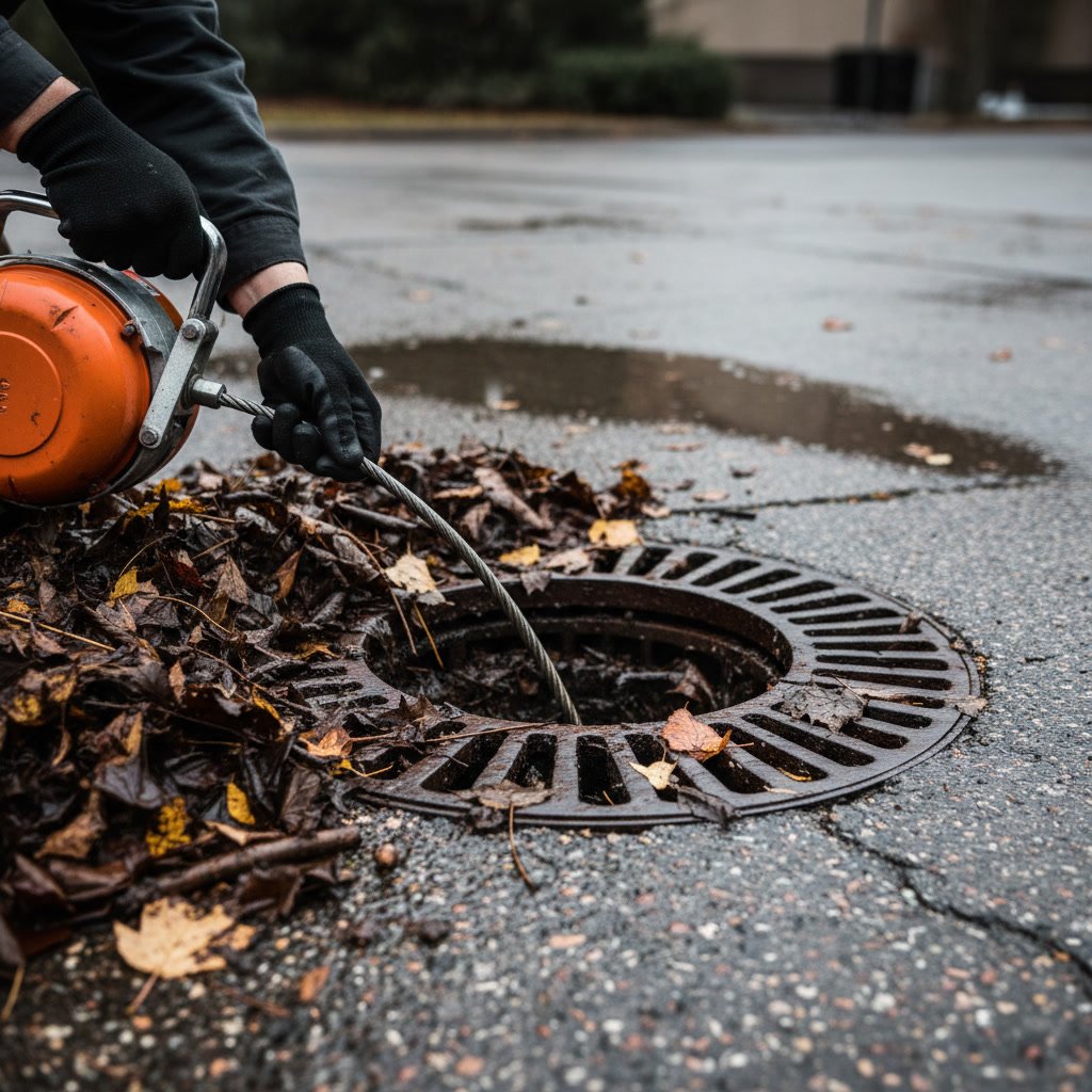 Technician clearing debris from storm drain grate in Florida