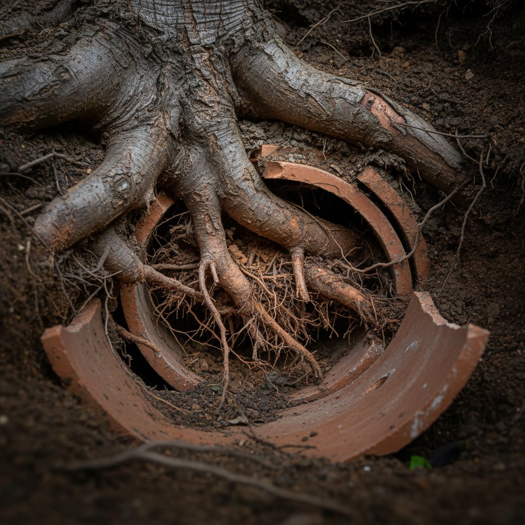 Tree roots penetrating cracked drain pipe showing root intrusion damage