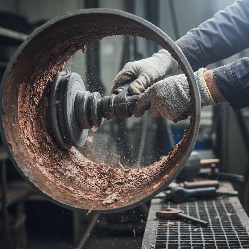 Descaling tool removing mineral buildup from interior of corroded drain pipe