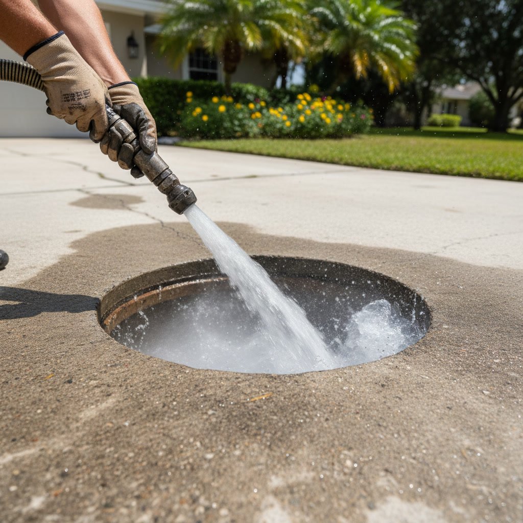 Technician clearing stubborn drain blockage with hydro jetting equipment in Florida
