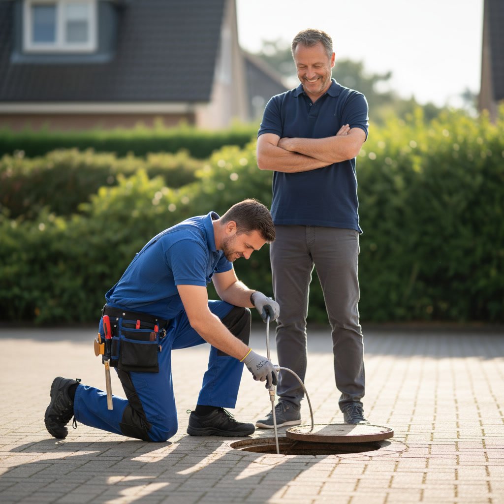 Plumber performing camera inspection on residential drain in Florida driveway